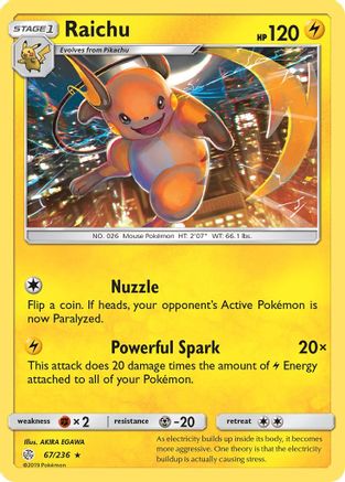 Raichu 67/236 - SM  Cosmic Eclipse Reverse Holofoil - Poke-Collect