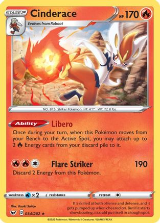 Cinderace (034) 34/202 - SWSH01 Sword & Shield Base Set Holofoil - Poke-Collect
