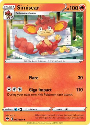 Simisear 27/189 - SWSH03 Darkness Ablaze - Poke-Collect