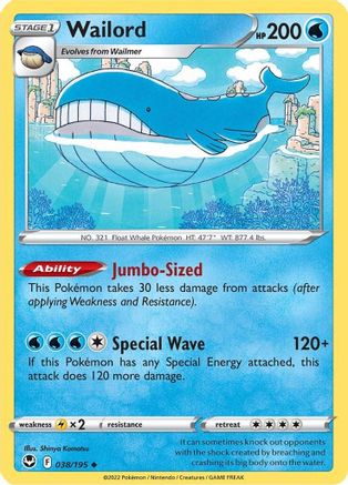Wailord 38/195 - Silver Tempest Reverse Holofoil - Poke-Collect
