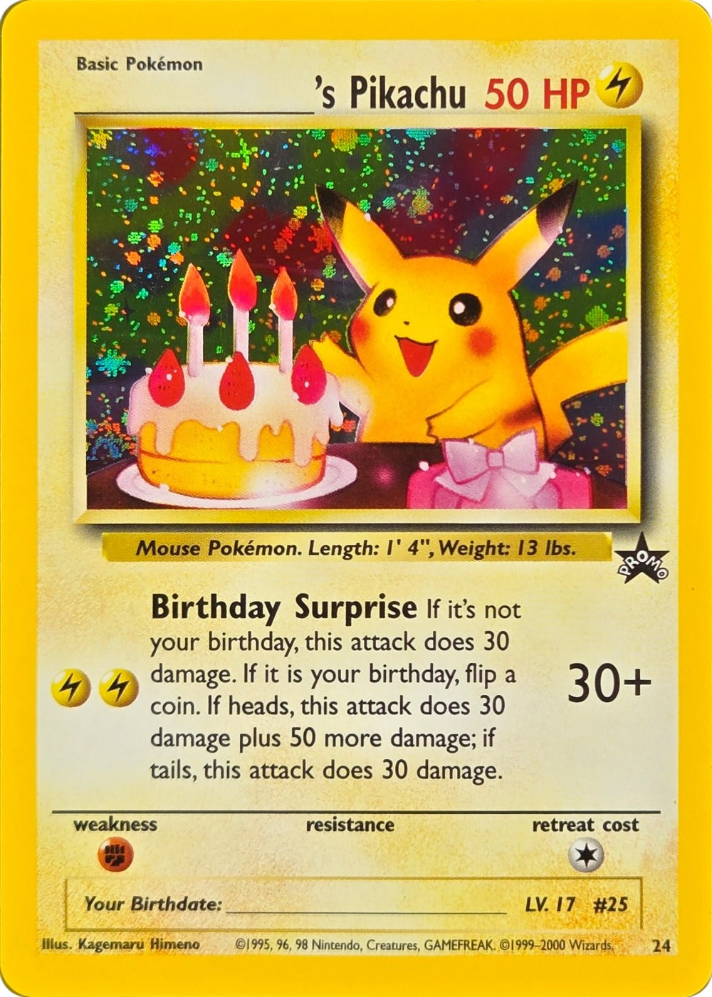 _____'s Pikachu (Birthday Pikachu) - 24 - Wizards Black Star Promo Holo front